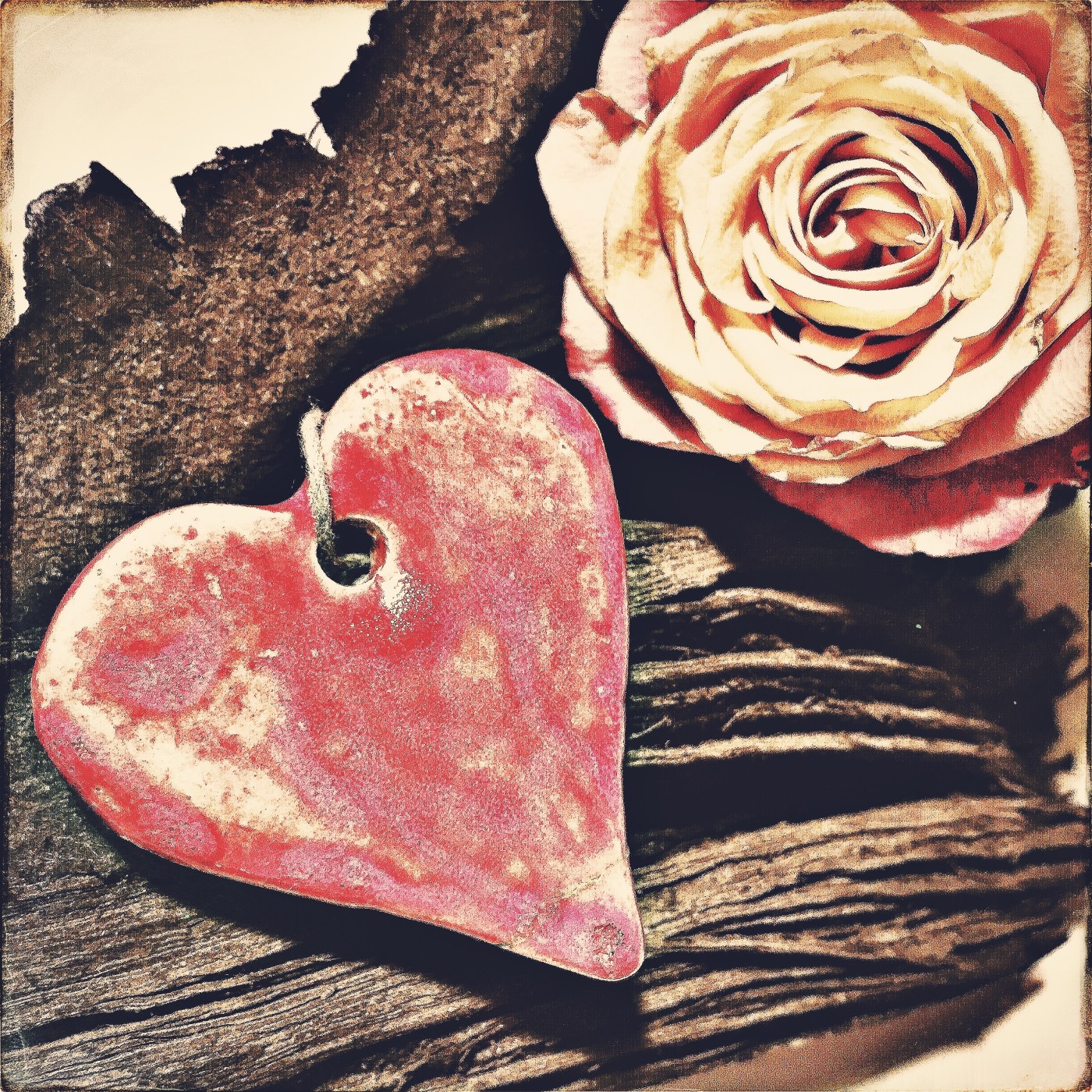 Herz und Rose auf Holz © Sandra Grüning